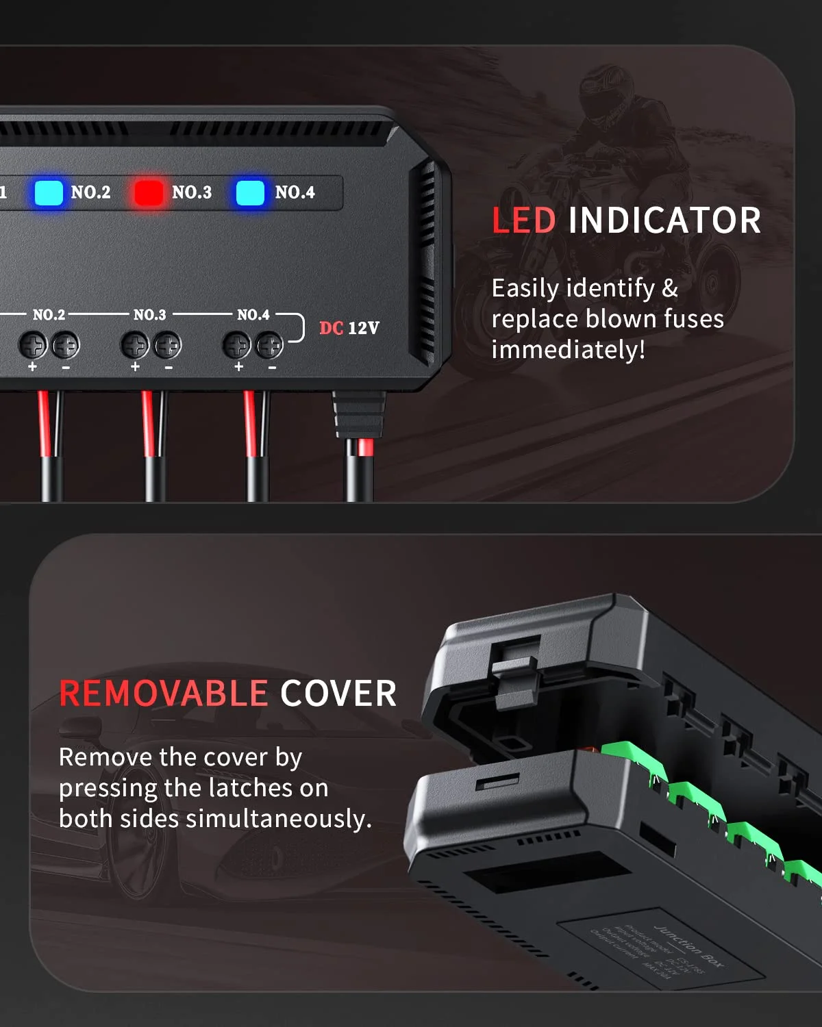 Anchtek 12V Motorcycle Fuse Box Universal Automotive Fuse Block with 4 Circuits Low Profile Mini Blade LED Indicator Fuse Holder