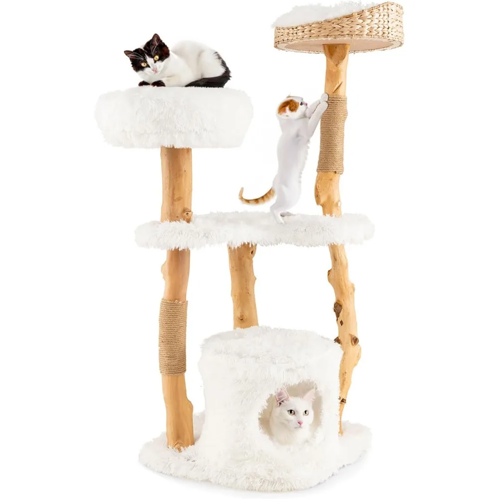 Cat Tree for Indoor, Solid Wood Modern with Top Cattail Basket Cat Bed, Side Perch, with Scratching Posts for Large Cats 49 Inch