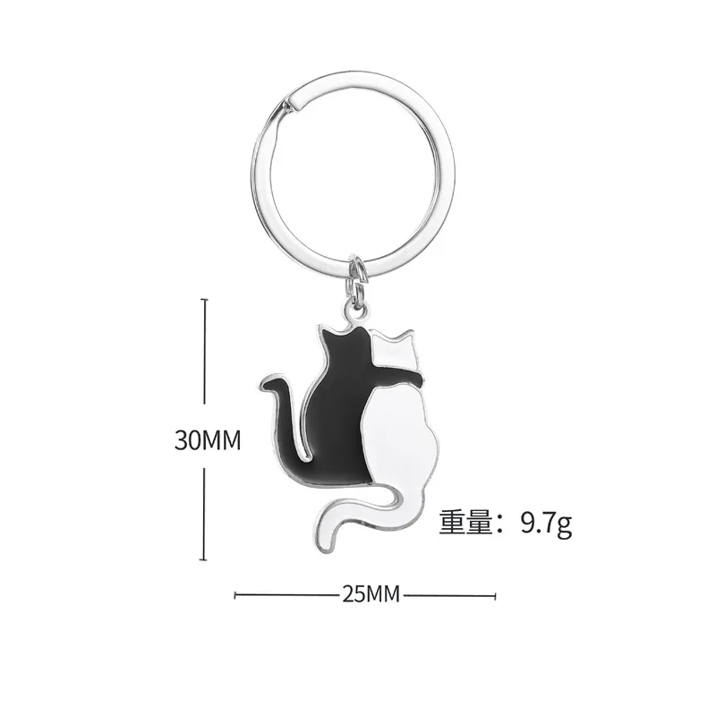 New Black and White Cat Couple Keychain Heart Key Ring Silver Color Lovers Love Key Chain Souvenirs Valentine's Day Gift