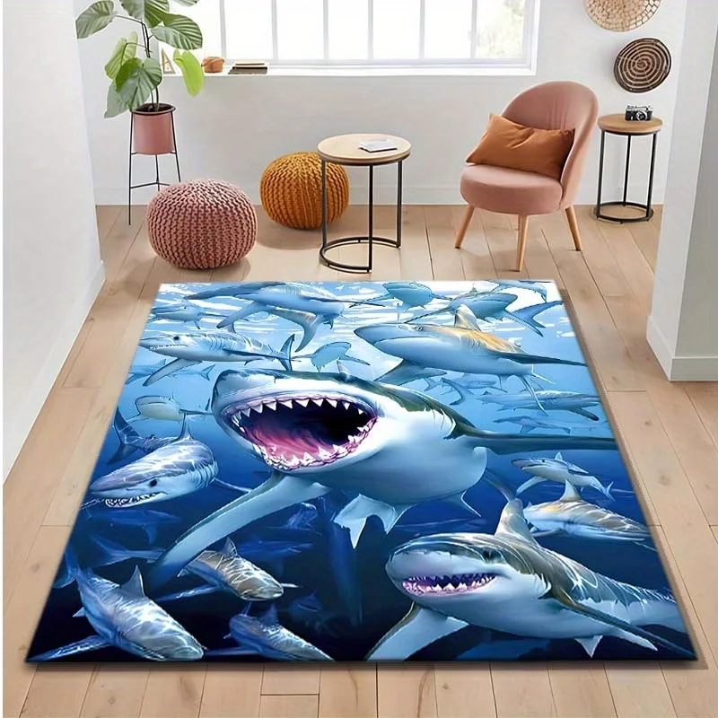 

3D Shark Rug for Living Room Decor, Ocean-Themed Area Rugs with Realistic Sharks, Kids Bedroom Accessories