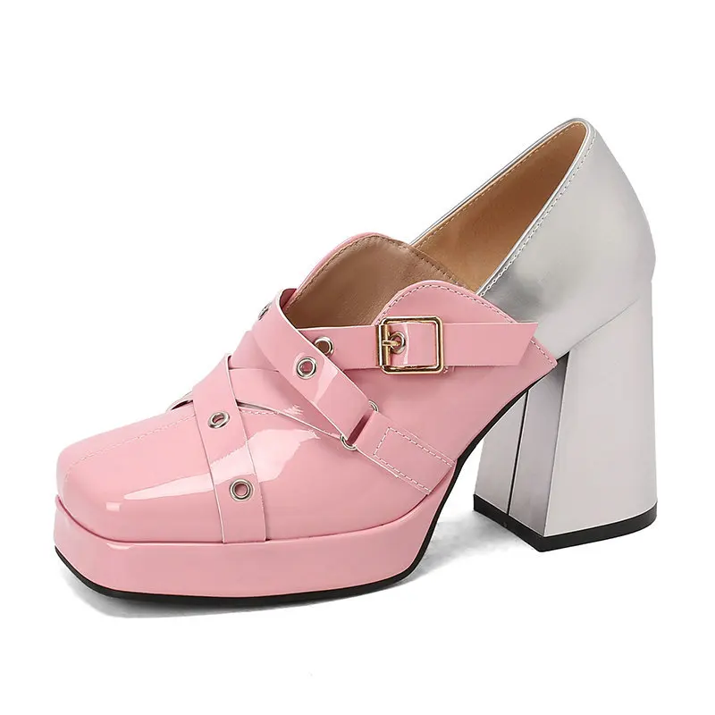 New Patent Leather Color Blocked Mary Jane Belt Buckle Women Single Shoes Thick Soled Coarse Heel Commuting Banquet High Heels