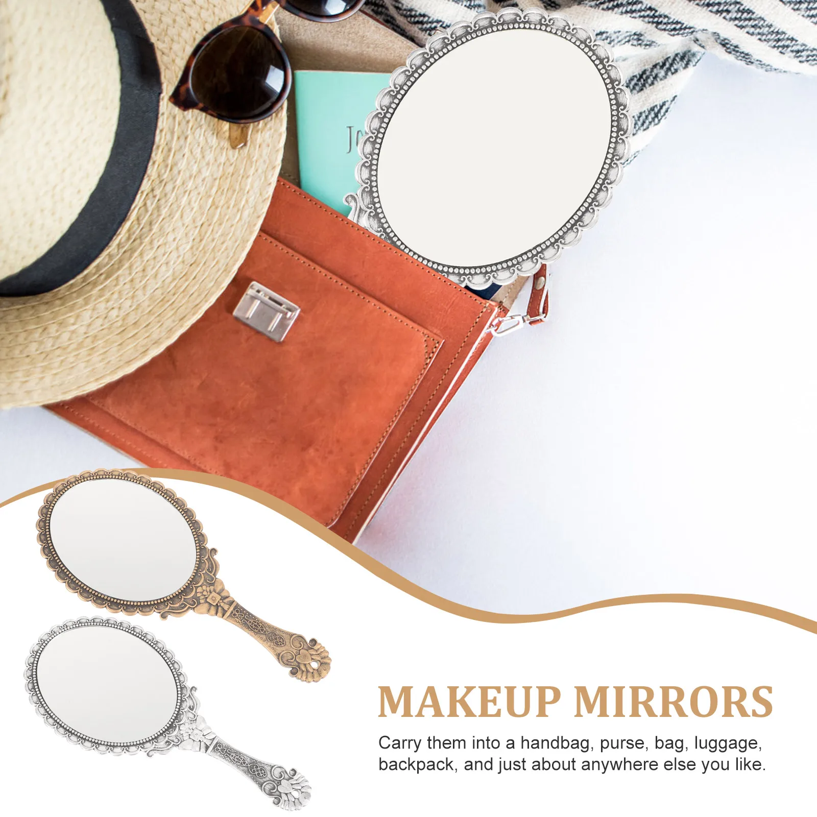 

2Pcs Handheld Makeup Mirrors Vintage Style Portable Vanity Mirror for Women Mirror Outdoor Travel