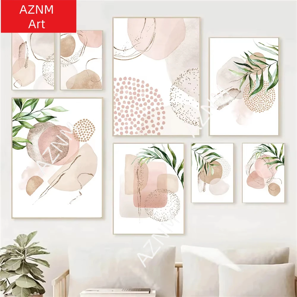 1PC Moderne Abstrakte Beige Rosa Geometrische Grüne Blatt Minimalistischen Poster Leinwand Malerei Boho Wand Kunstdruck Bilder Zimmer Dekor