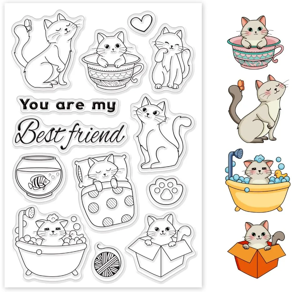 Cat Clear Stamps, Cat Living, Bathing, Playing, Sleeping Pattern Rubber Stamps for Holiday Card Making Decoration and DIY