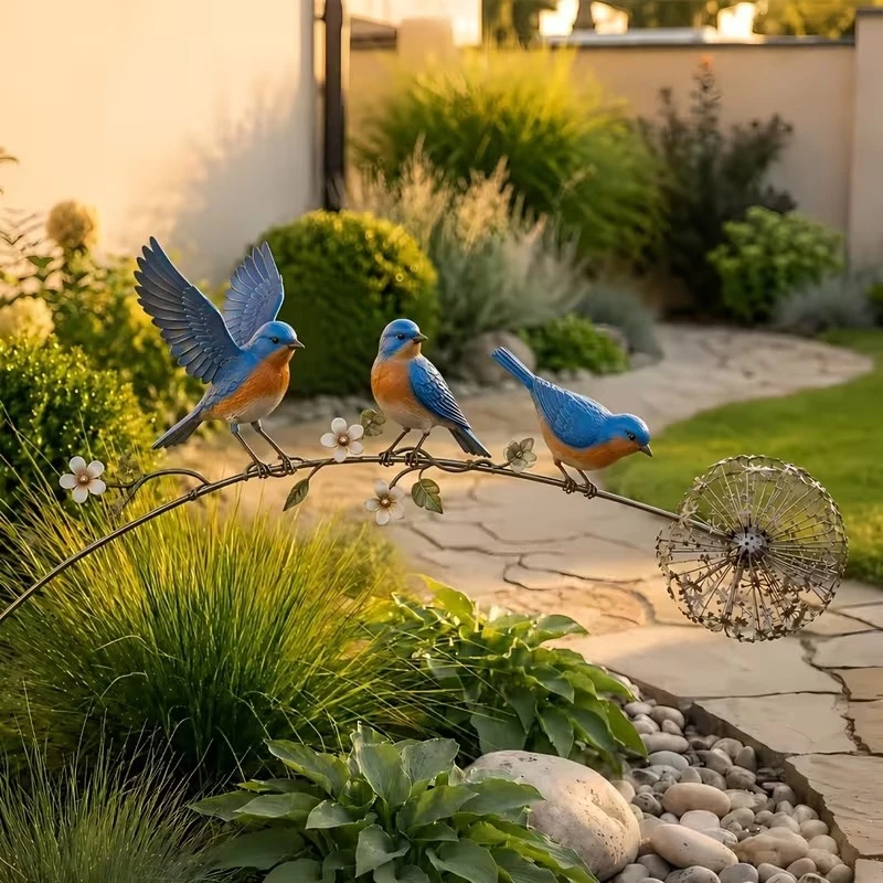 Robin Garden Stake Rustic Birds Art Decorations with Dandelion Accent Metal Robins Bird Garden Sculpture for Lawn Patio Walkway