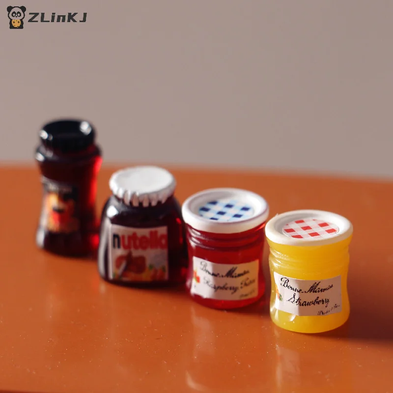 ▶4Pcs/set 1:12 Dollhouse Miniature Coffee Can Bread Spread Fruit Sauce Jam Food Model Kitchen Decor Toy Doll House Accessories