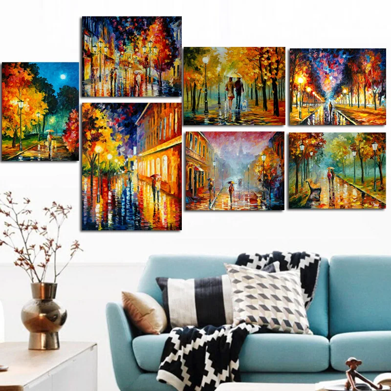 

Print Wall Art Romance Couple Rain Day Street Landscape Poster Oil Painting On Canvas Modern Wall Picture For Living Room Decor