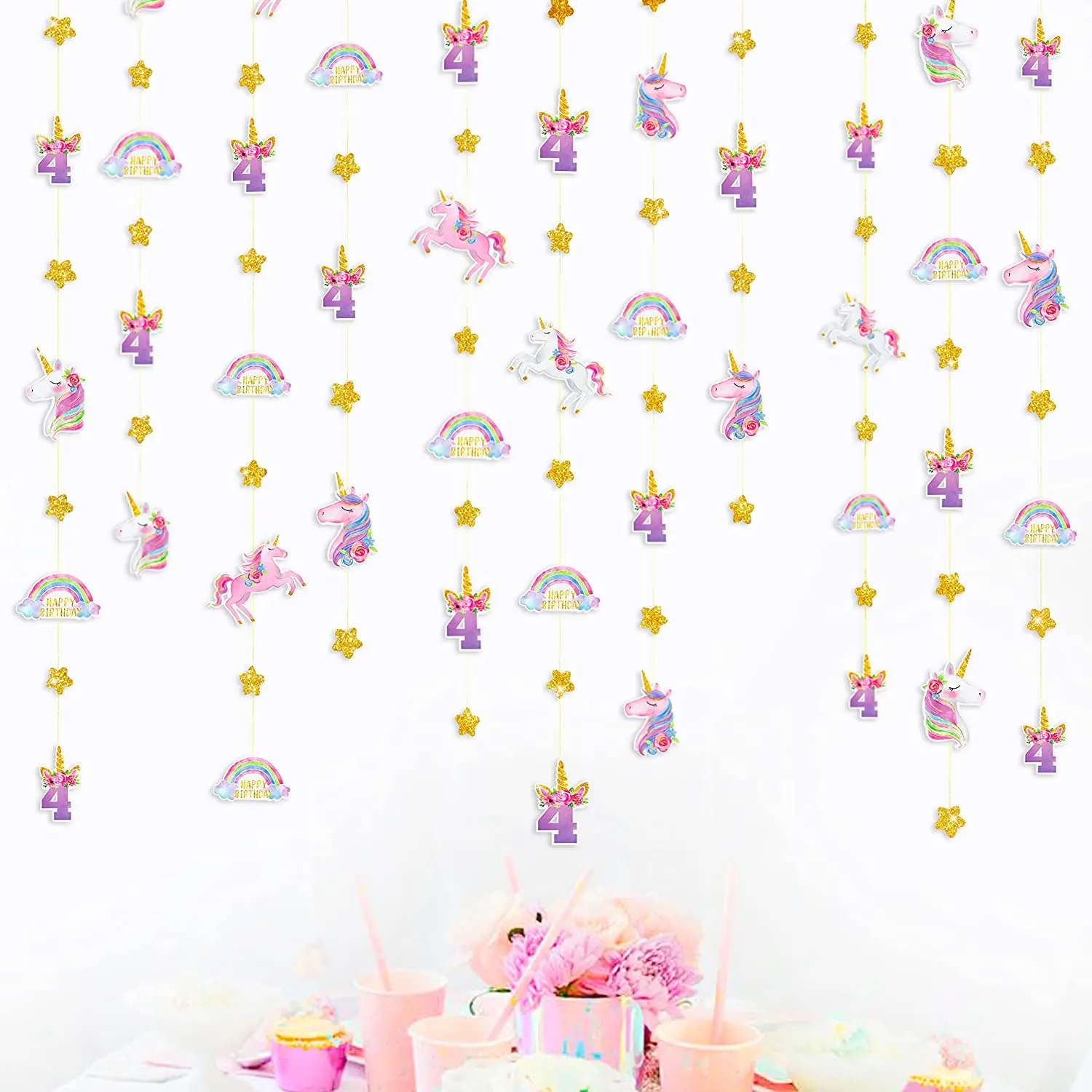 Unicorn 4th Rainbow Star Garland Birthday Banner Decor For Number 4 Rainbow Girls 4 Years Old Happy Birthday Party Decorations