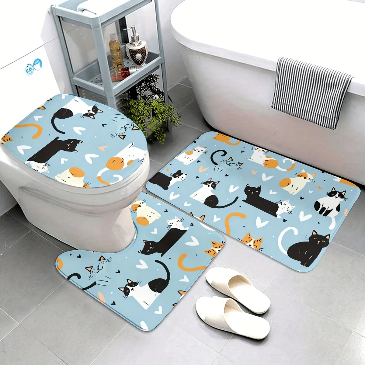 3pcs cute cat-designed bathroom rug set, including non-slip bathroom mat, contour mat and toilet seat cover mat. Made of flannel