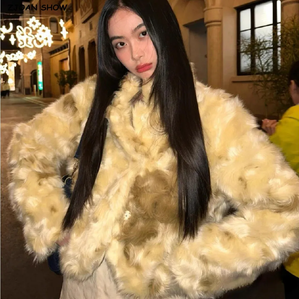 HIGH QUALITY Winter Tie dye Gradual Curly Hairy Shaggy Faux Sheep Lamb Fur Coat Long sleeve Furry Women Warm Jacket Outerwear