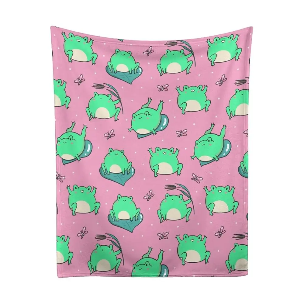 

Cute Green Frogs On Pink Throw Blanket, Flannel Fleece Bed Blanket, Soft Cozy Fuzzy Plush Blankets For Couch Sofa Office