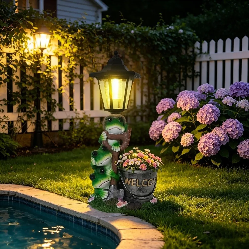 Resin Frog Statue Solar Light Lifelike Decorative Frog Plant Pot Light Weatherproof Animal Figurine Solar Frog Lamp