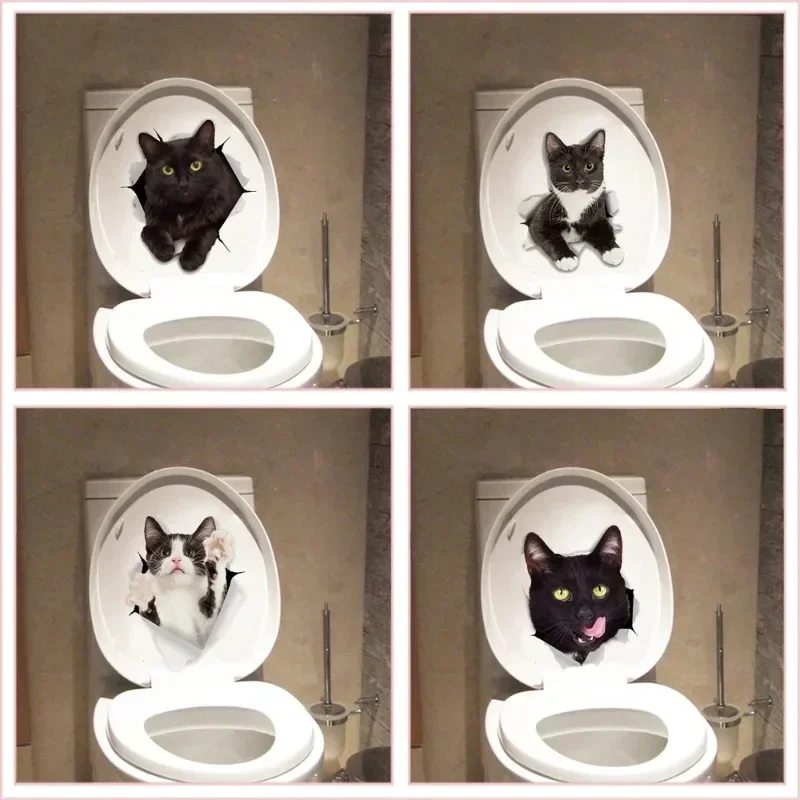 Vivid 3d Hole Funny Cat Dog Toilet Stickers Diy Wc Washroom Home Decoration Cute Kitten Puppy Pet Animals Wall Art Decals