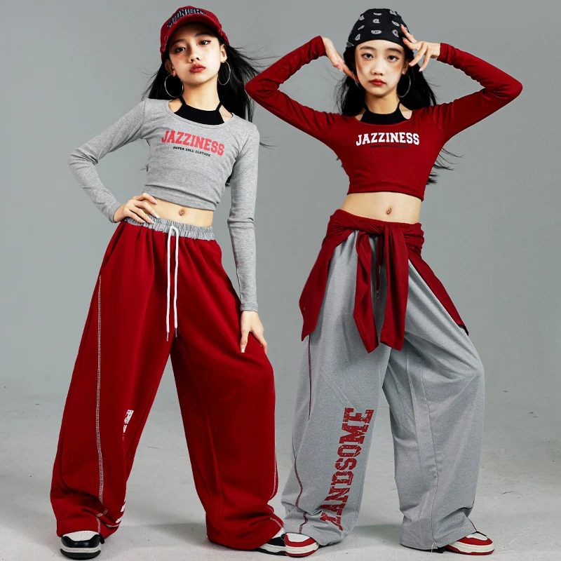 Kids Fashion Hip Hop y2k Longsleeve T-shirt Pants Set Girls Performance Costume Stage Outfit Child Jazz Dance Suit Street Wear