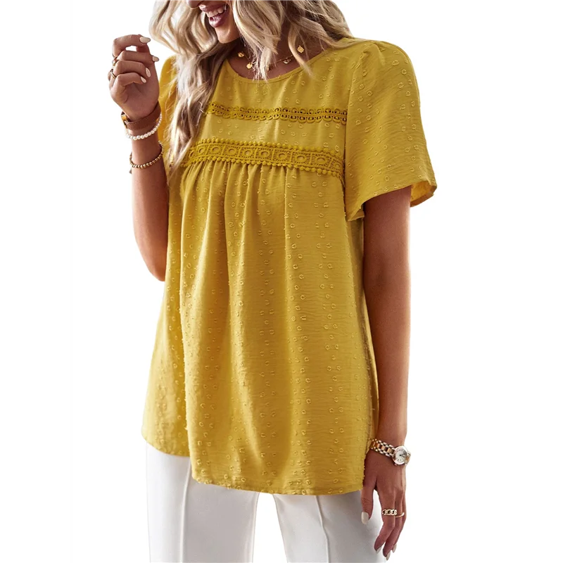 

Womens Summer Tops Crewneck Short Sleeve Shirts Casual Chiffon Blouses Flowy Lace Hem Boho Clothing Trendy 2025-A55G