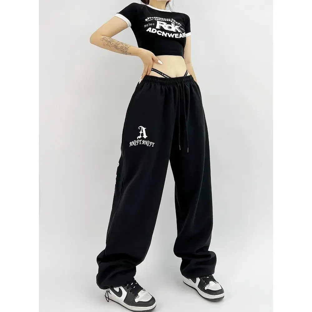 HOUZHOU Hip Hop Gothic Black Jogging Sweatpants Oversize Y2K Grunge Kpop Baggy Trousers Harajuku Graphic Wide Leg Sports Pants