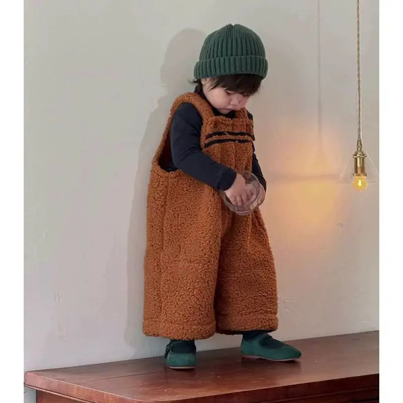 Kids Autumn Winter Overalls 2025 New Korean Fashionable Boys Girls Vintage Lamb Wool Sleeveless Casual Daily Long Pants