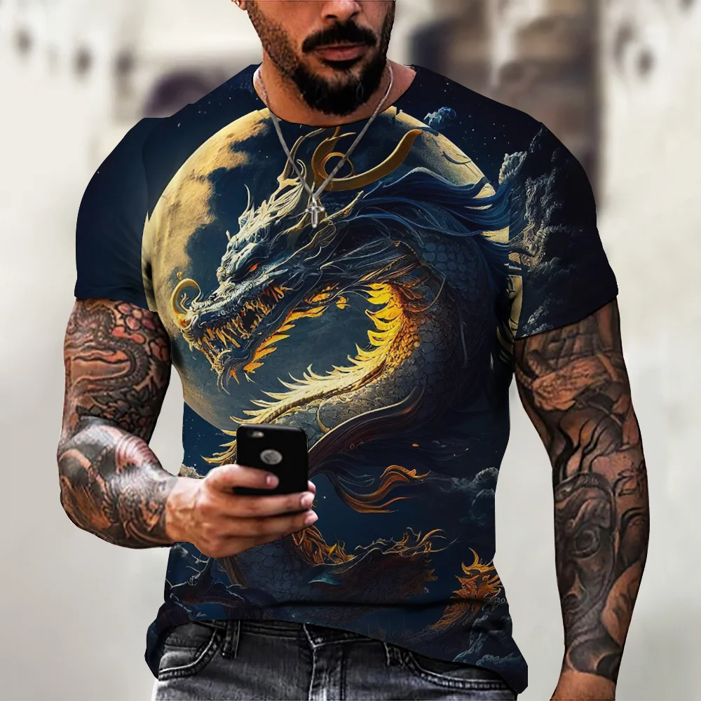 Summer Casual Men's Clothing Dragon Pattern Printing Fashion Animal Print Short Sleeved Tee Oversized T-Shirt Streetwear Tops