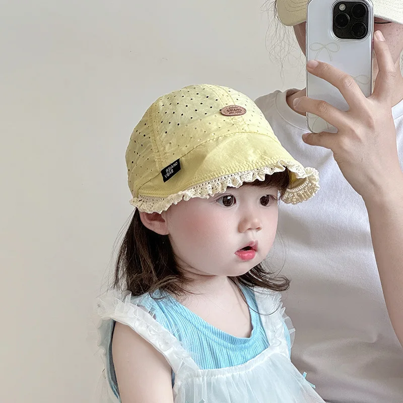 

Lace Ruffle Princess Sun Hat Hollow Breathable Girls Duck Tongue Cap Summer Children Sunshade Visors 6-24Month Baby Peaked Hats