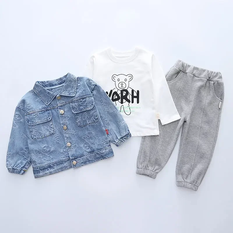 Children Fashion Suit Spring Kids Boy Girl Denim Coat T-shirt Pants 3Pcs/Set Toddler Clothing Infant Sportswear 0-5 Years