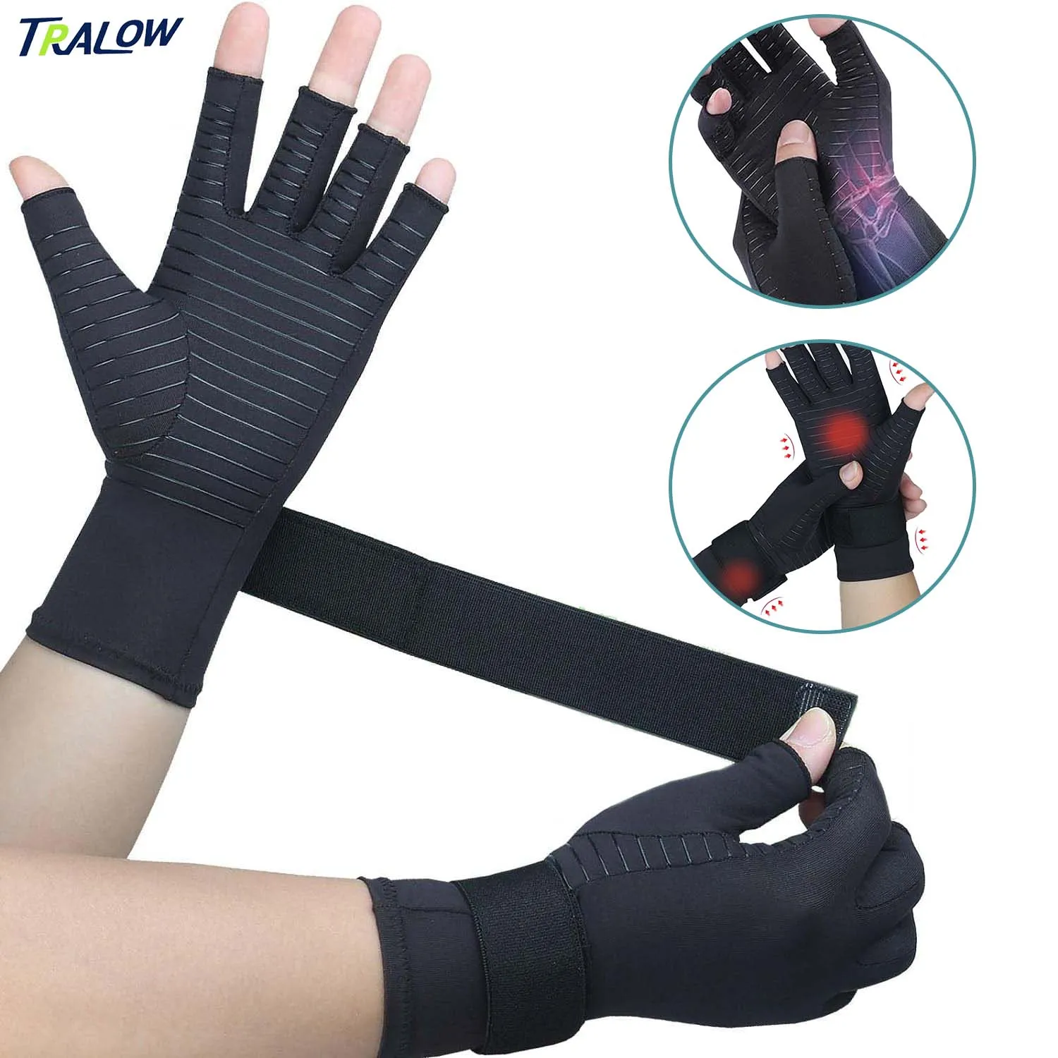 

TRALOW 1Pair Copper Compression Arthritis Gloves Fingerless Hand Pain Relief for Carpal Tunnel RSI Rheumatoid Tendonitis Joint