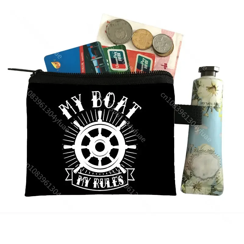 My Boat My Rules Print Coin Purse Navigation Compass rudder Money Coin Bag Captain Earphone Card Holder Guide Pilot Small Wallet