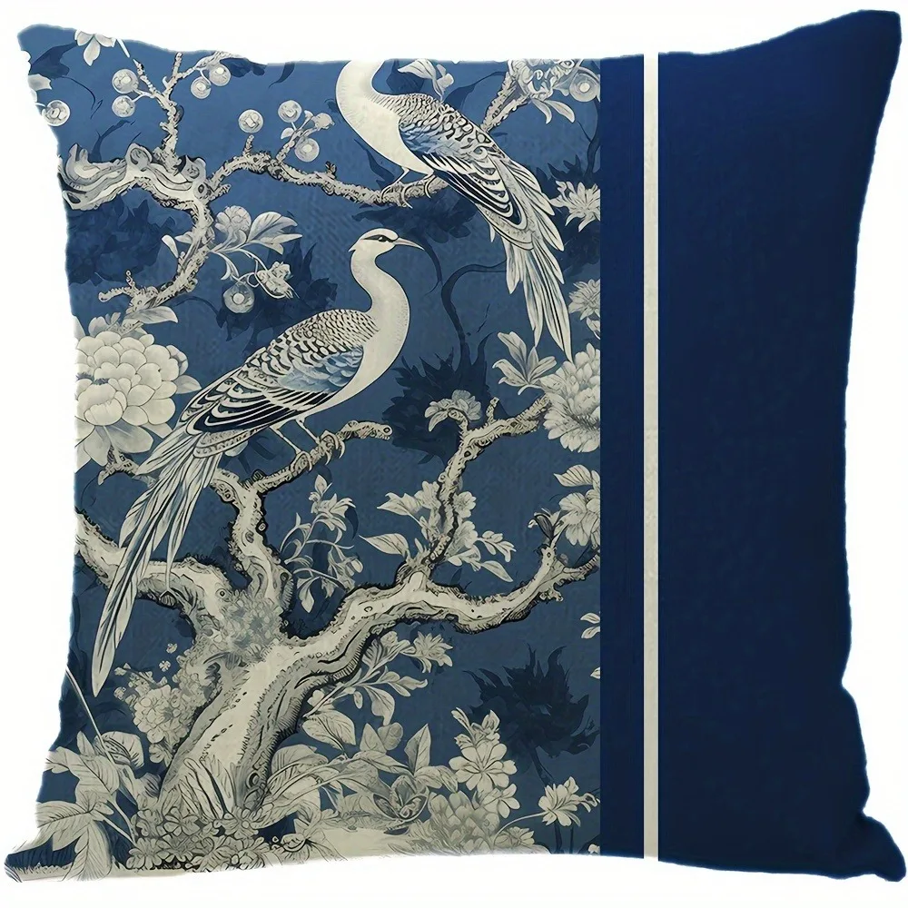Blue and White Porcelain Crane Decorative Pillowcase, Ultra-soft Polyester Material Living Room Sofa Backrest Car Pillowcase