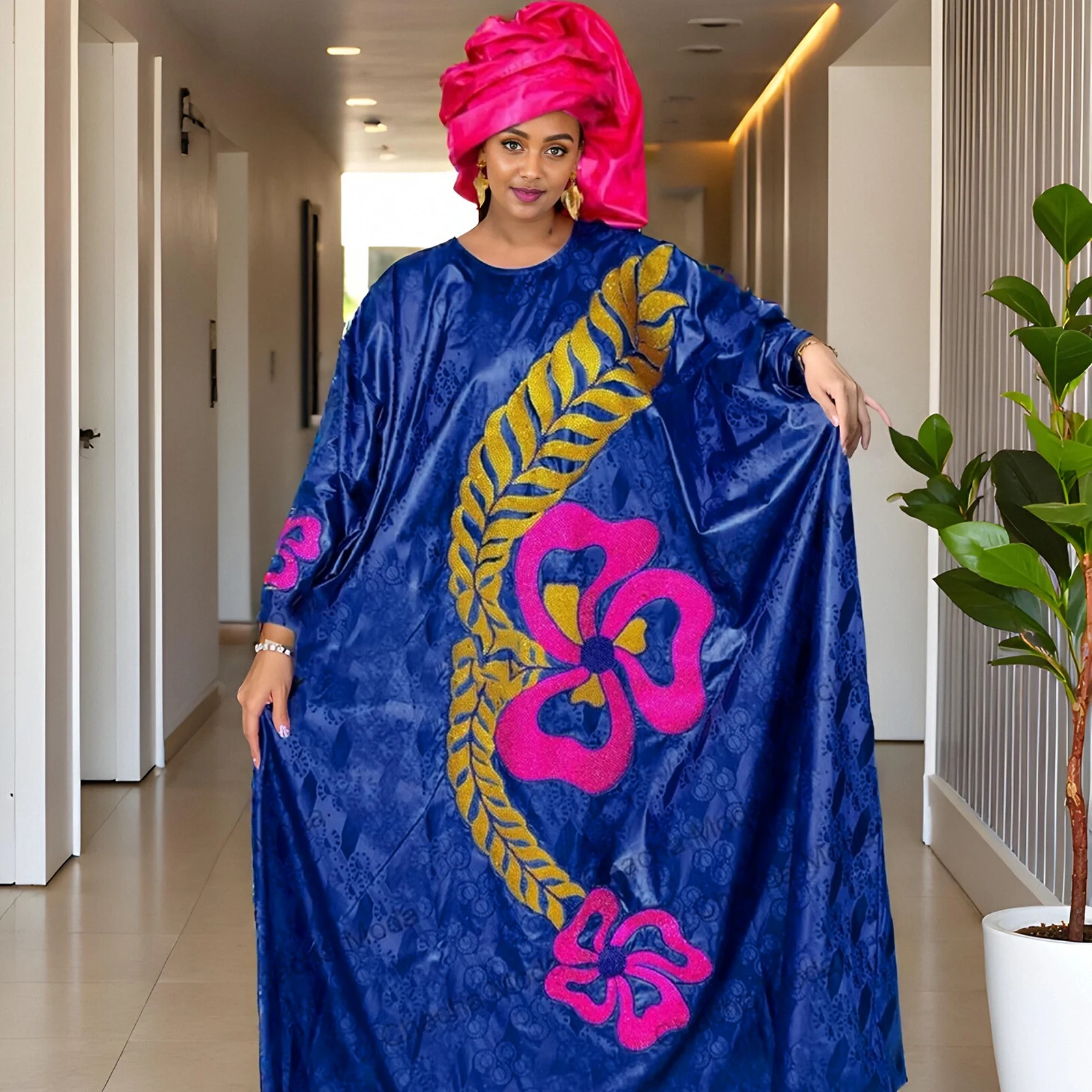 

African Dashiki Dress For Woman Bazin Riche Embroidery Deisgn Long Dress With Scarf
