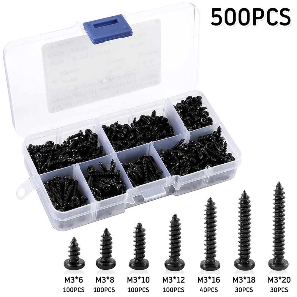 500Pcs M3 Screw Set 6/8/10/12/16/18/20mm Carbon Steel Cross Pan Head Self Tapping Screws Drilling Wood Screw Assortment Kit