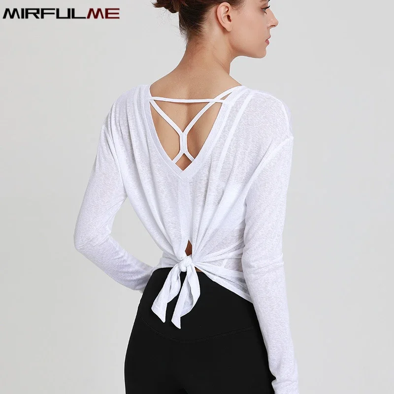 Women Thin Loose Yoga Shirts Bandage Long Sleeves Sports T-Shirts Hollow Out Running Shirt Forked Gym Fitness Tops Blouse Female