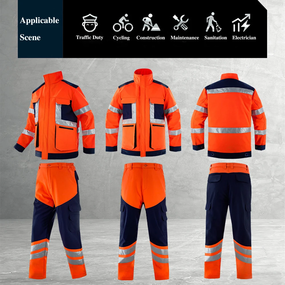 Reflective Safety Jacket High Visibility Winter Jacket and Pants Working Clothes Uniform Set Construction Site Hi Vis Workwear