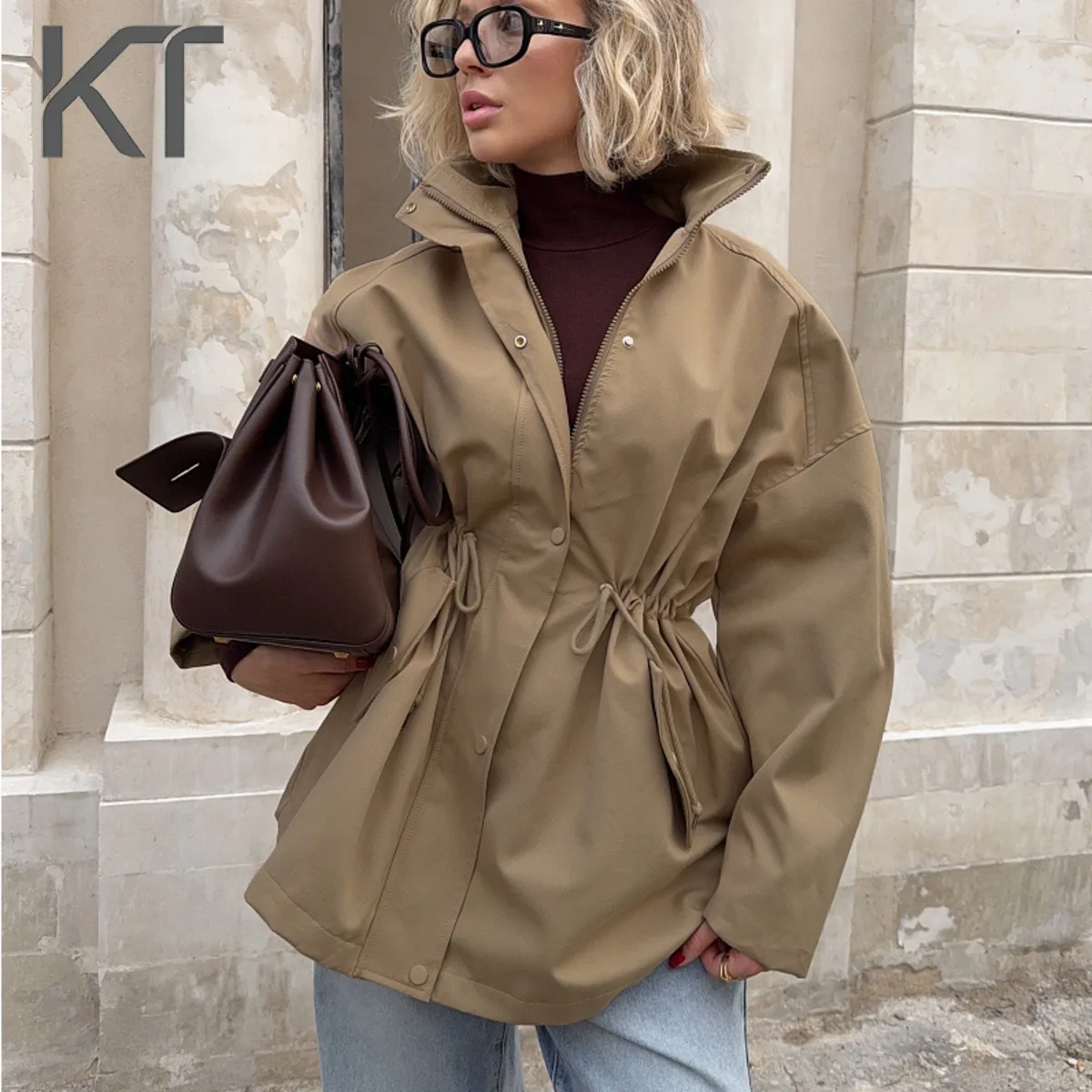 

KT Elegant Casual Drawstring Waist Parka For Women Stand Collar Zip Up Oversized Utility Windbreaker Daily & Streetwear Coats