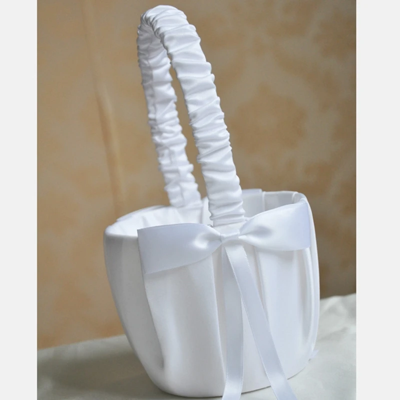 Romantic Bowknot White Satin Wedding Ceremony Party Flower Girl Basket Promotion