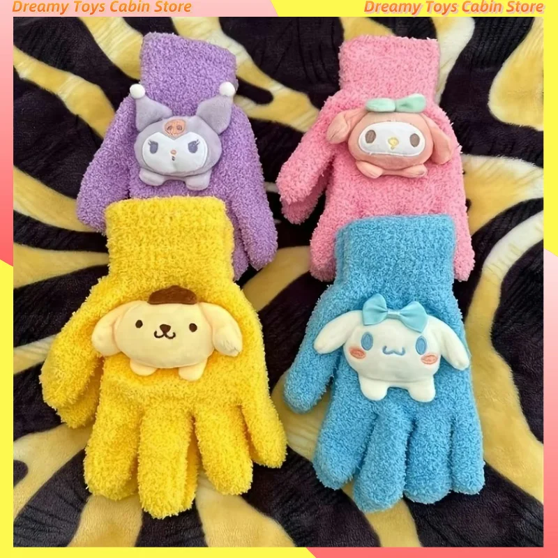 Kuromi Pompompurin Winter Warm Women'S Preppy Full Finger Cartoon Gloves Gilrs Kids Polyester Coral Fleece Plush Riding Gloves