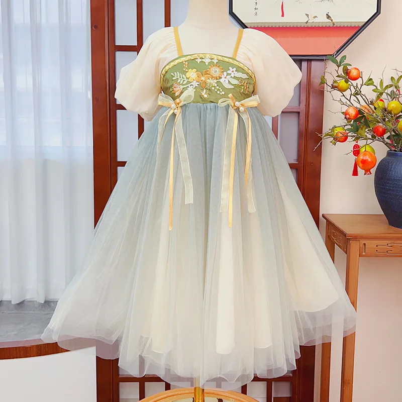 Robe de princesse de style chinois pour enfants, tenue de scène, broderie florale, vert nickel é, prairie, Hanfu, costume Tang imbibé