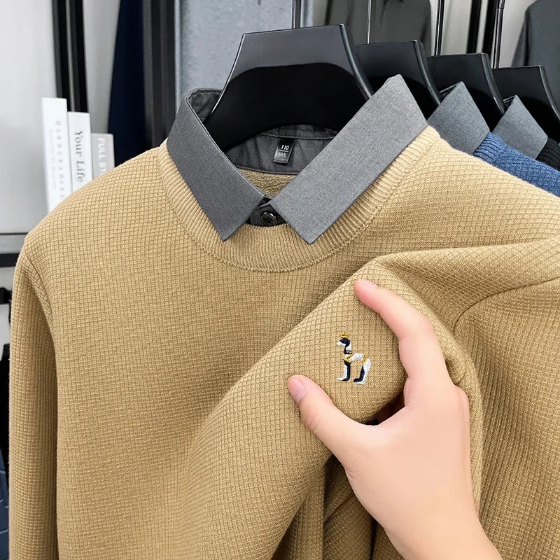 العلامة التجارية الراقية الرجال التلبيب وهمية قطعتين البلوز سترة شتاء جديد الكلب التطريز سماكة الدفء تريكو رجال الأعمال