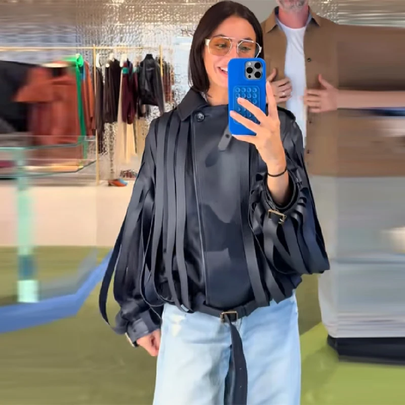 Chaqueta elegante de piel sintética para mujer, abrigo de gran tamaño de manga larga con solapa y cinturones, prendas de vestir a la moda para otoño e invierno 2025