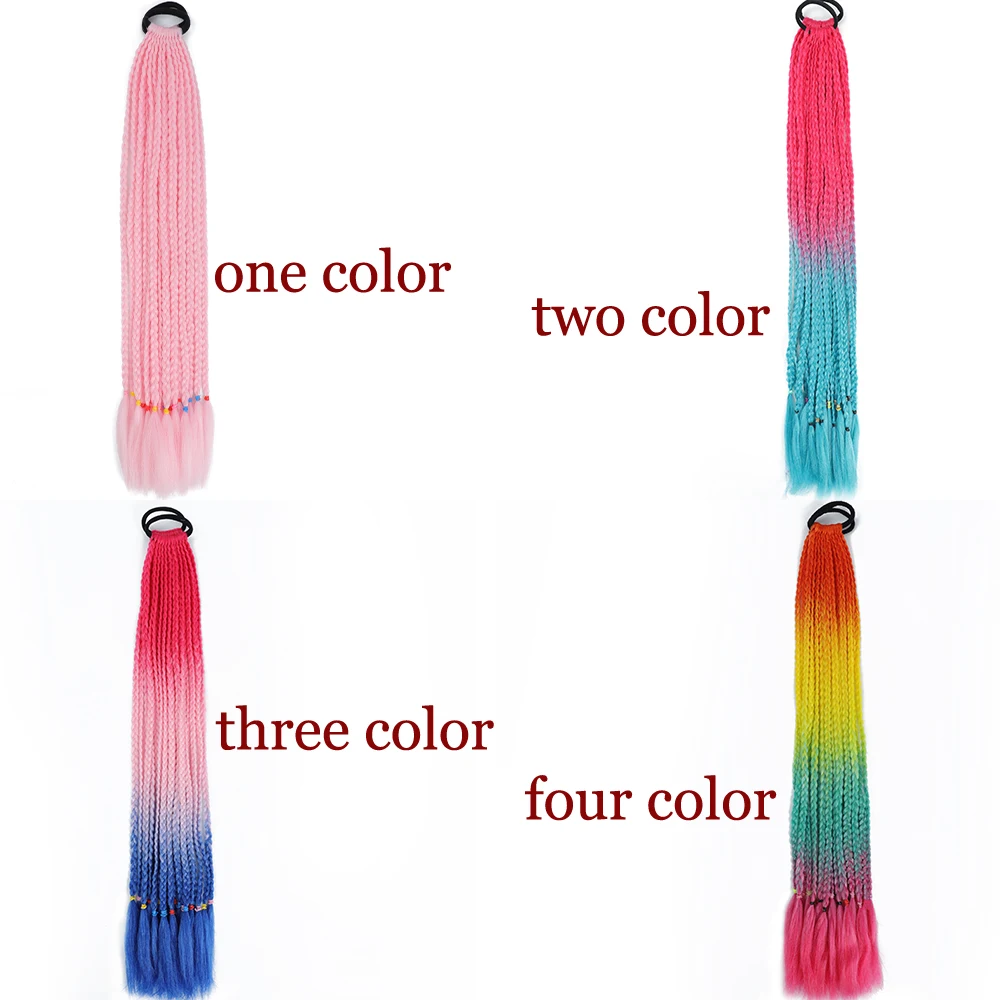 Synthetic 24inch Long Colored Box Braids Hair Ponytail With Rubber Bands Rainbow Twist Braided Ponytail For Girl