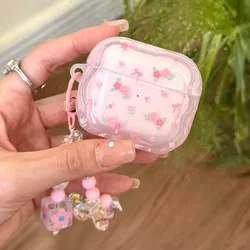 Étui pour écouteurs motif fleur rose mignon pour Airpods Pro, 2e génération, merveilleuse génération, couverture souple pour AirPods 1, 2, 3 avec porte-clés perle