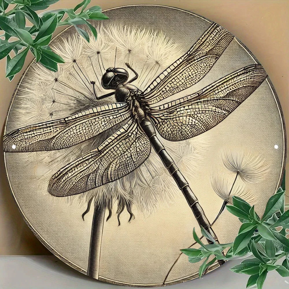1 Vintage-inspirierte Libellen-Wandkunstschild aus Metall – 20,3 x 20,3 cm großes rundes Aluminiumdekor mit natürlich inspiriertem Design für drinnen und draußen