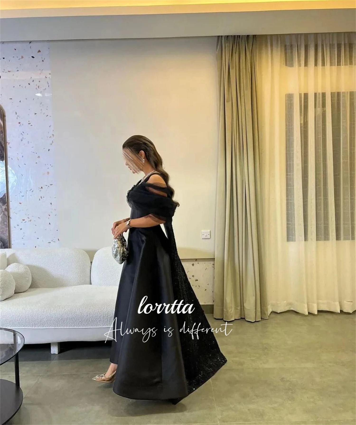 Lorrtta Evening Dress Grace Satin Black Line A Eid Long Party Dresses for Formal Occasions Luxury Robe De Soiree Femmes Prom