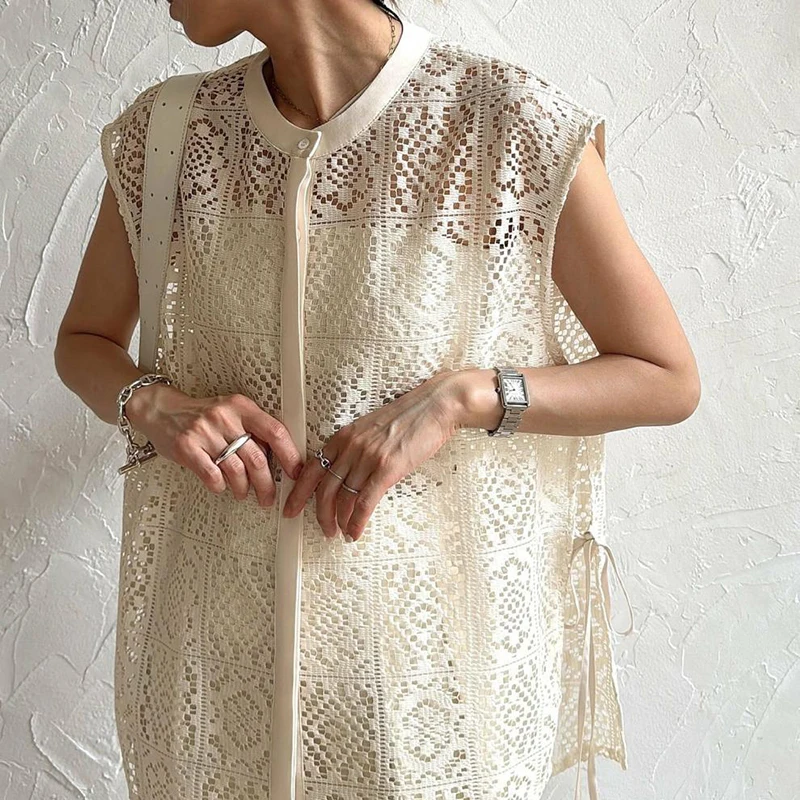 

Sexy See-through Lace Hollow Out Shirts Elegant Solid Color Lady Party Blouse Fashion Sleeveless Loose Commute Women's Clothing
