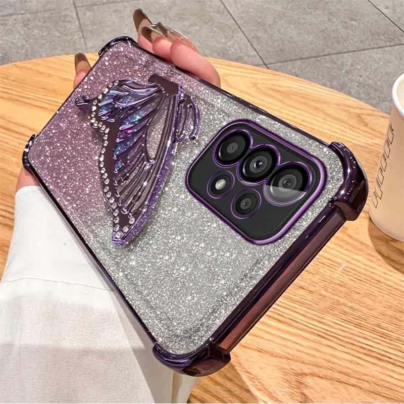 Glitter Plating Quicksand Butterfly Phone Holder Case for Samsung Galaxy A13 A23 A33 A53 A73 A12 A22 A32 A52 A52S 4G 5G Cover