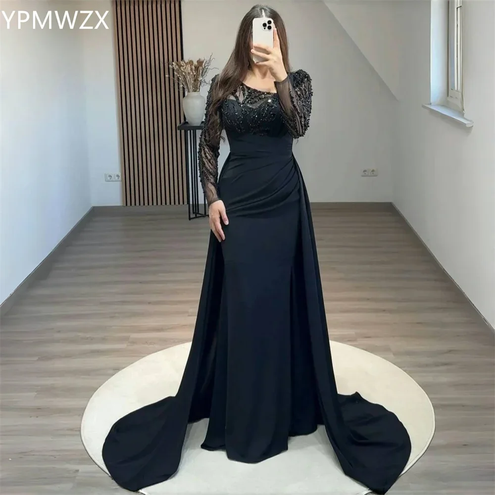 

Customized Prom Gown Formal Evening Dress YPMWZX Scoop Neckline Column Floor Length Skirts Draped Bead Bespoke Occasion Dresses