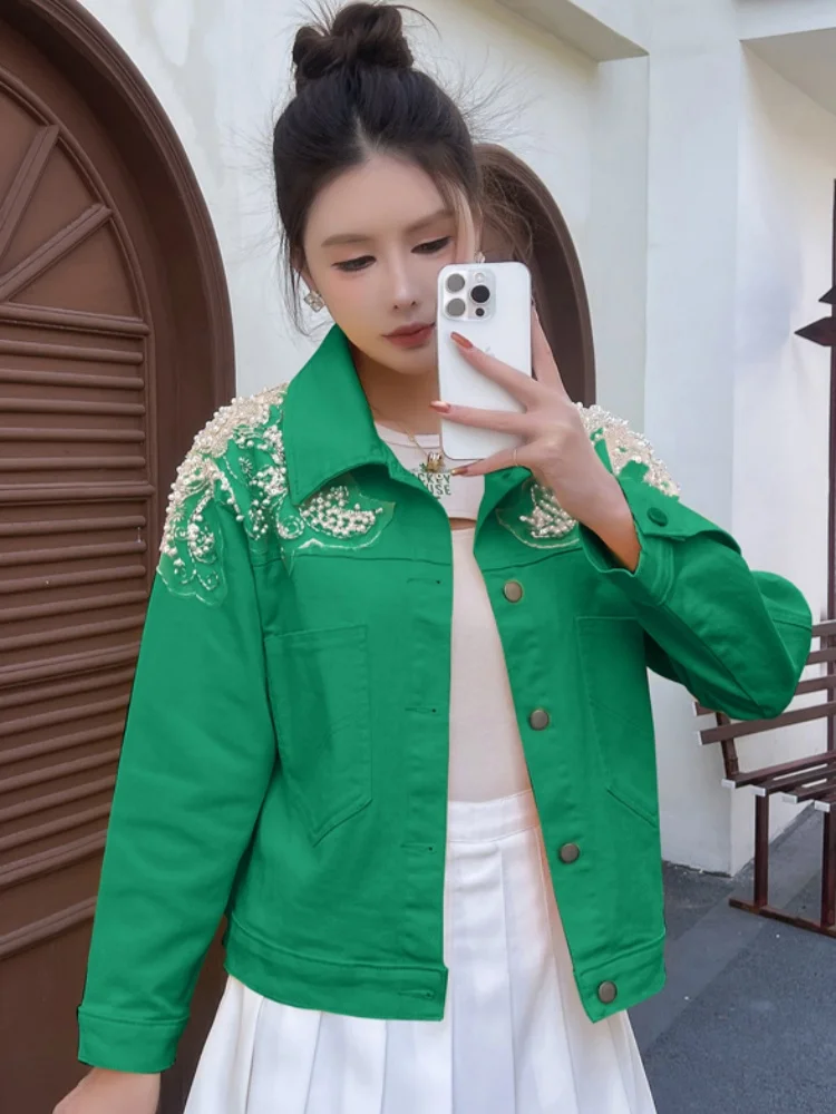  Heavy-Du Denim Jaet Women's Loose Top Me Pearl Embellied Spring Faion Outerwear Straight Cut Long Sve