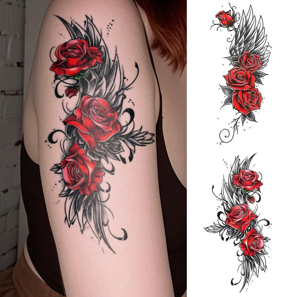 

2pcs Waterproof Temporary Tattoo Sticker Dark Style Wings Feathers Rose Flower Sexy Body Art Arm Fake Tattoos Sleeve Women Men