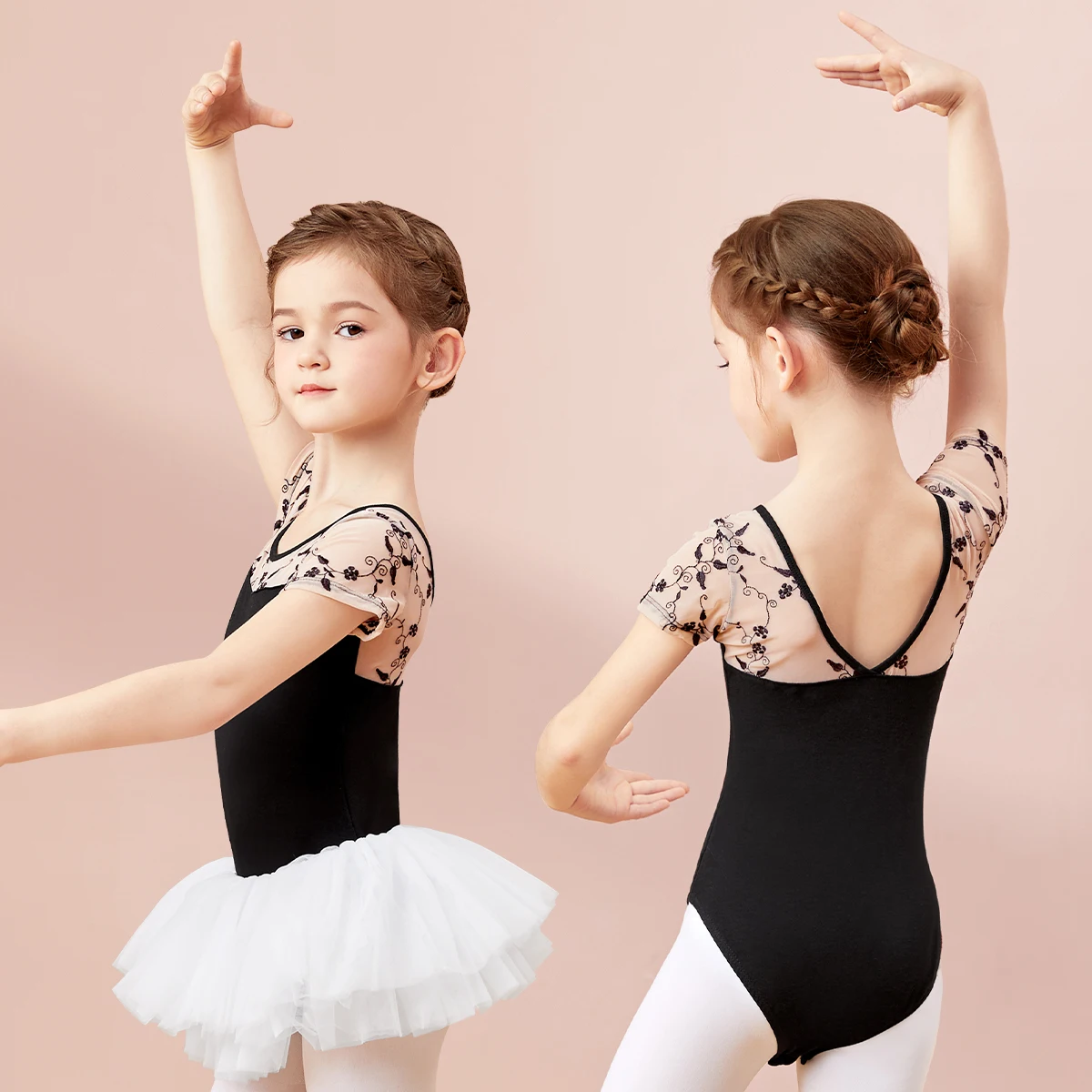 Mädchen Ballett Trikot Kurzarm Tanzkleidung mit Stickerei, Kinder Tanzpraxis Gymnastik Outfit