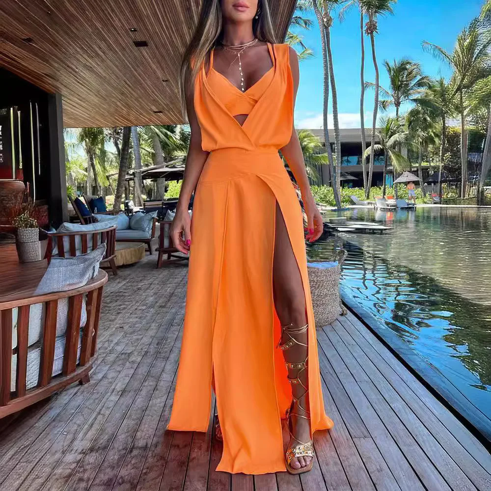 

Summer Two Piece Sets Womens Outifits Stylish Halter Crop Short Vest and High Waist Sleeveless and Backless Dress Womans Clothes
