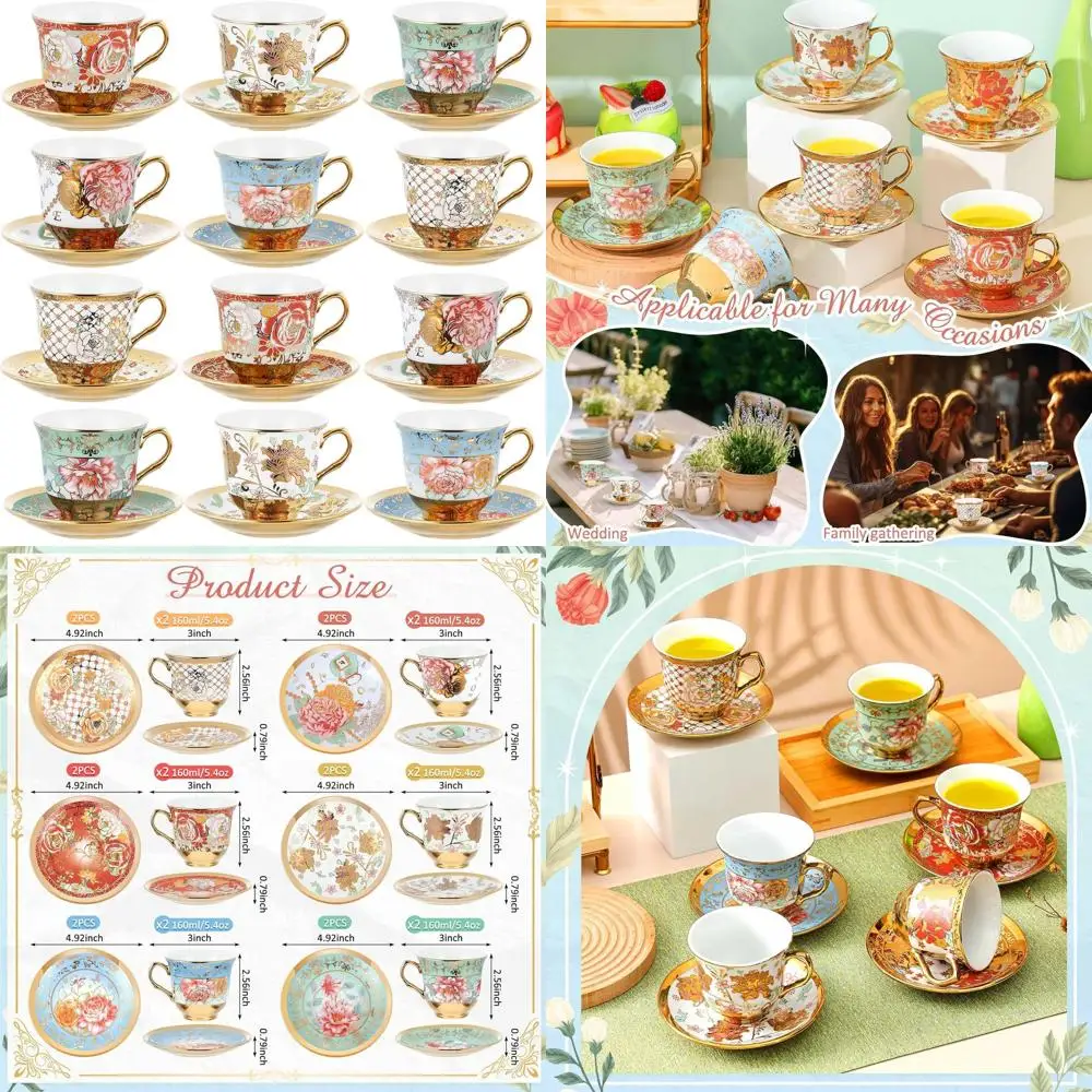 

Фарфоровый чайный сервиз с цветочным принтом: 12 чашек и блюдец для женского дня рождения, Дня матери и церковных мероприятий.