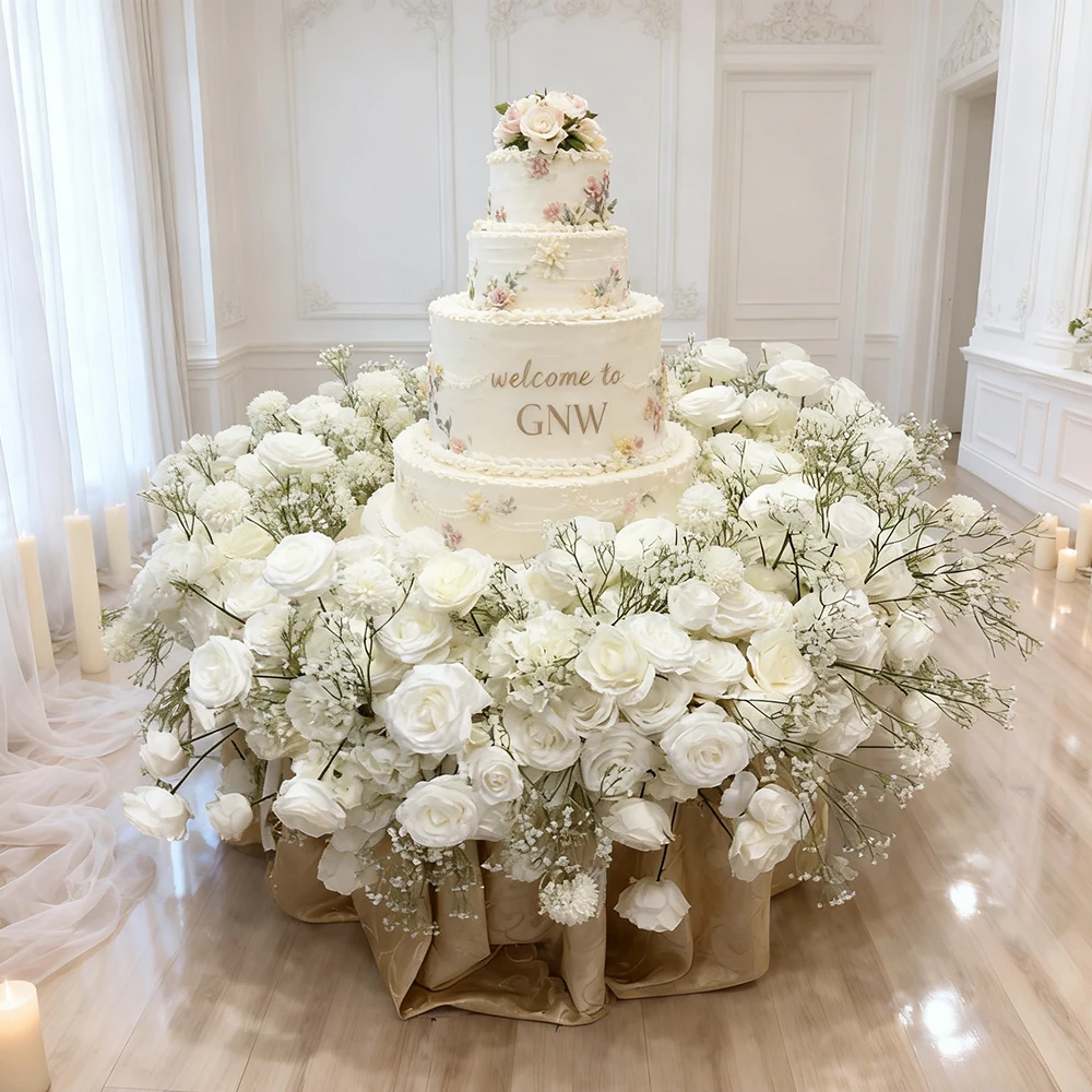 

Premium Modern White And Green Cloth Artificial Flower Cake Floral Decoration For Wedding Custom Design High End